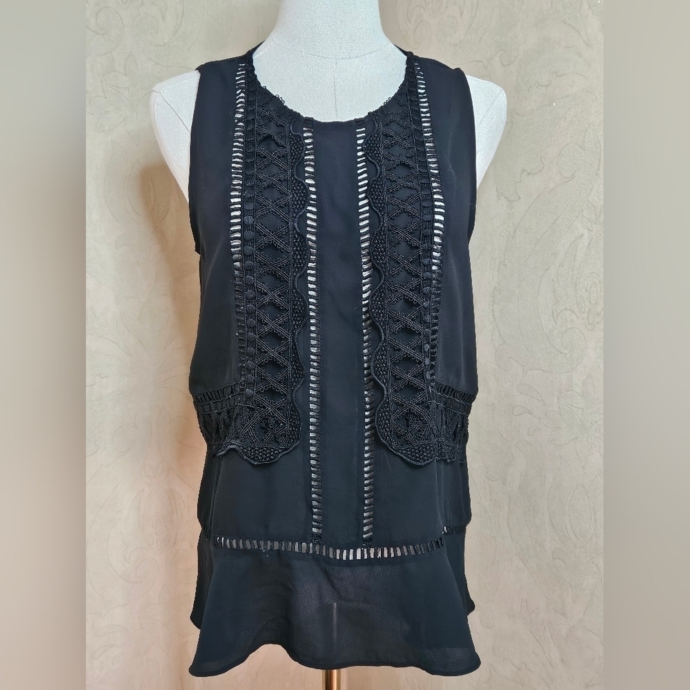 Ann Taylor Black Sleeveless Lace Trim Ruffle Peplum Blouse Top-XSmall